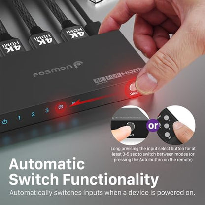 Fosmon 3-Port HDMI 4K Switch with Remote, Support 4K@60Hz HDCP 2.2 High Speed 18Gbps 3 in 1 Out Auto-Switching 3x1 HDMI 2.0 Switcher Splitter Hub Compatible with PS5, Xbox X, Apple TV - style: 4K HDMI Switch 3 In 1 Out