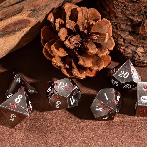 UDIXI Metal DND Dice Set Nickel, 7PCS Metal Polyhedral Dice Set for D&D RPG | Red Flower, Metal Case Packaging, Heavy Metal Dice, D&D Gift, for Dungeons and Dragons Role Playing Games Tabletop Games - color: Flower/Nicklewhite