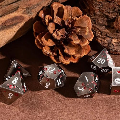 UDIXI Metal DND Dice Set Nickel, 7PCS Metal Polyhedral Dice Set for D&D RPG | Red Flower, Metal Case Packaging, Heavy Metal Dice, D&D Gift, for Dungeons and Dragons Role Playing Games Tabletop Games - color: Nickle-white
