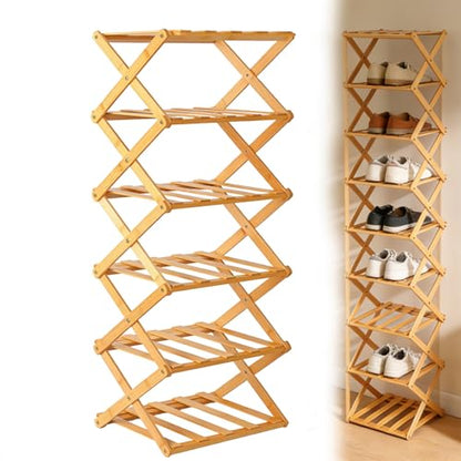 Foldable Shoe Rack, Tier No-Assembly Bamboo Rack, 2026 New Portable Bamboo Corner Shoe Rack, Multifunctional Narrow Shoe Shelf for Entryway, Closet, Corner, Bedroom (6 Layers)