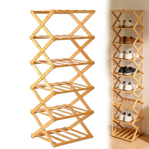 Foldable Shoe Rack, Tier No-Assembly Bamboo Rack, 2026 New Portable Bamboo Corner Shoe Rack, Multifunctional Narrow Shoe Shelf for Entryway, Closet, Corner, Bedroom (6 Layers)