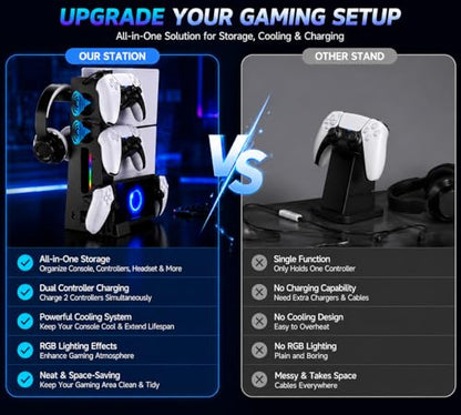 PS5 Slim Charging Station with Cooling Fan and Dual Controller Charger, RGB PS5 Slim Stand with Headset Holder & PS Portal Dock, Compatible with PS5 Slim Disc/Digital Console Gaming Accessories
