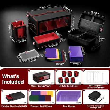 7-in-1 Commander Deck Box with Battle Case, 6-Deck Modular Card Storage Vault for MTG, Holds 600+ Double-Sleeved Cards, 35PT Magnetic Card Holders & 24 Dividers for TCG Game Night & Tournament