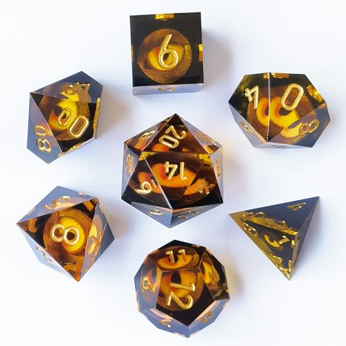 BESCON Dragon's Eye Sharp Edged Polyhedral Dice Set of 7, Handmade Dragon's Eye Dice for Role Playing Game - color: Amber Eye Set