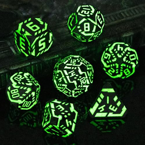 Metal DND Sci-fi Dice Set 7PCS Luminous Green Stripe Polyhedral Dice for Dungeons Dragons RPG Role Playing Game, Glitter D and D Dice with Gift Box D6 D8 D10 D12 D20 - color: Nightlight - Green