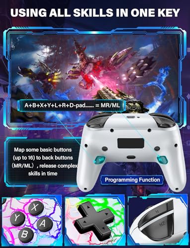 ZRZLMVP Switch Controllers Wireless for Nintendo Switch/OLED/Lite/Switch 2 | 1000mAh Switch Pro Controller Rechargeable, Switch Control with Turbo, Vibration, 6 Axis Gyro, Wake Up, 9 Colors LED Light - color: White