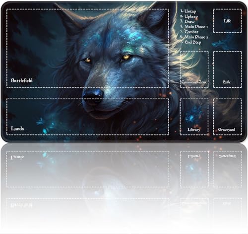 Playmat for MTG Magic Size 24x14 Inch Game Mats Tabletop Magic Play Mats,Premium Smooth Rubber Surface, Mousepad Compatible Qindaiwen for MTG RPG CCG Trading Card Game Play mats, Blue Wolf - color: Blue Wolf, size: playmat with zones