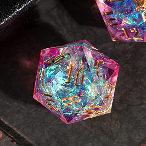 Cusdie Single D20 DND Dice with Sharp Edges and Glitter Foil Inclusions, 20 Sided D&D Dice, 33mm Handcrafted Polyhedral Dice, for Role Playing Game (N Pink) - color: Pink