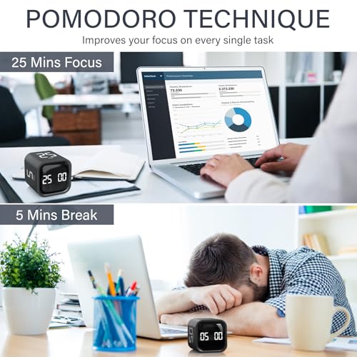 Rotating Pomodoro Timer 5/25/10/50, Desk Productivity Flip Timer, ADHD Tool | Countdown/Stopwatch Cube Timer, Vibration/High/Low Volume/Custom Modes, for Work Study, Back to School, Kitchen - color: Black