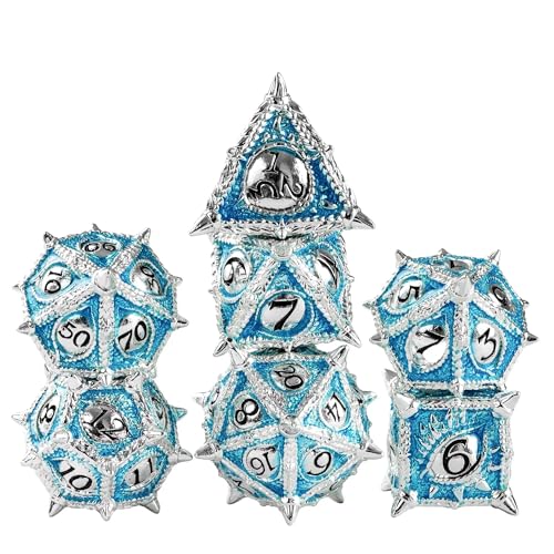 Metal DND Dice Set Blue Dragon Eye Metal Dice Set for Tabletop Games | Leather Storage Bag, DM Gift, for Dungeons and Dragons Role Playing Games - color: Dragon-silver Blue