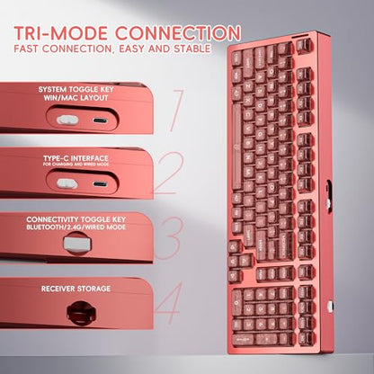kutethy KY98 Wireless Mechanical Keyboard with Transparent Keycaps,Full Aluminum CNC,Hot-swappable,Pre-lubed Clicky Switches,Gasket Structure,RGB Backlit,BT5.0/2.4G/USB-C Wired (Red) - color: Red