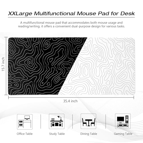 XVX Black and White Topographic Mousepad, XXLarge Gaming Mouse Pad for Desk 35.4x15.7 Inch,Waterproof Desk Pad with Non-Slip Rubber Base Mice Pad,Keyboard Mat Computer Game Mouse Mat - color: Topographic