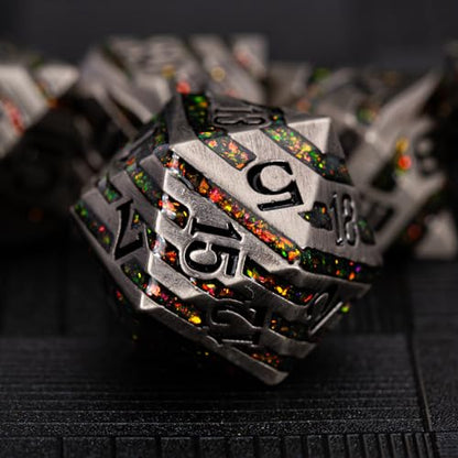 Premium Inlay Metal Dice Set, Heavy Zinc Alloy DND Dice for Serious RPG Players - color: Antique Nickel Red