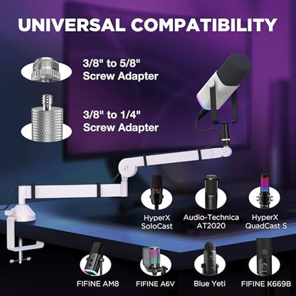 InnoGear Low Profile Mic Arm, 360° Rotatable Microphone Boom Arm Mic Stand for Fifine AM8 K669B Blue Yeti HyperX QuadCast SoloCast AT2020, with Mic Clip 3/8" to 5/8", 3/8" to 1/4" Adapter, White - color: White, style: Low-profile A