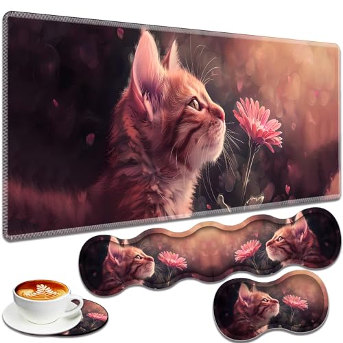 Large Gaming Mouse Pad + Keyboard Wrist Rest + Wrist Support + Coaster Set, Memory Foam Ergonomic for Easy Typing, XXL Extended Gaming Mouse Pad Table Pad - Kitten Daisy - color: Kitten Daisy