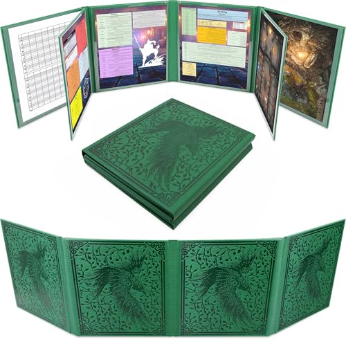 CASEMATIX DM Screen PU Leather 8-Panel Deluxe GM Screen - Eight Panel Folding Game Master Screen with 2 Swinging Panels and Wet Erase Pockets for TTRPGs - Green, Inserts Not Included, Green - color: Green
