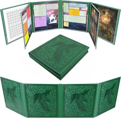 CASEMATIX DM Screen PU Leather 8-Panel Deluxe GM Screen - Eight Panel Folding Game Master Screen with 2 Swinging Panels and Wet Erase Pockets for TTRPGs - Green, Inserts Not Included, Green - color: Green