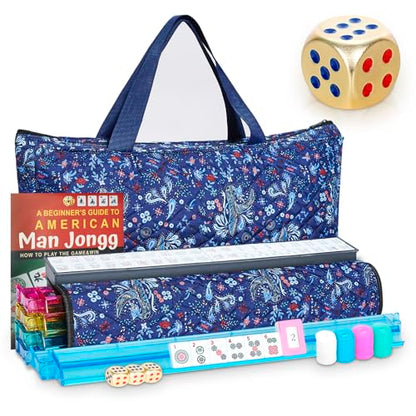 New American Mahjong Game Set, 166 Premium White Tiles with Portable Metal Dices, 4 All-in-One Racks with Pushers, Mah-Jong Games Sets, Ma Jong Tile Game (Blue)