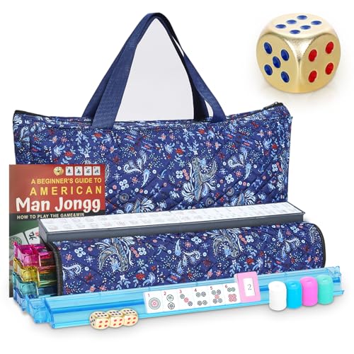 New American Mahjong Game Set, 166 Premium White Tiles with Portable Metal Dices, 4 All-in-One Racks with Pushers, Mah-Jong Games Sets, Ma Jong Tile Game (Blue)