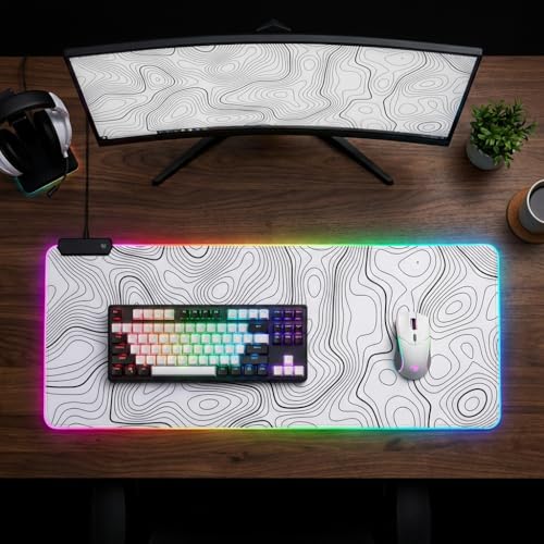 RGB Mouse Pad LED Desk Mat Large Gaming Mousepad White with Black Topographic Line Design, Keyboard Pad XL Mouse Mat for Home and Office(White with Black Topographic Line) - color: White With Black Topographic Line Mousepad With Led Large Mousepad