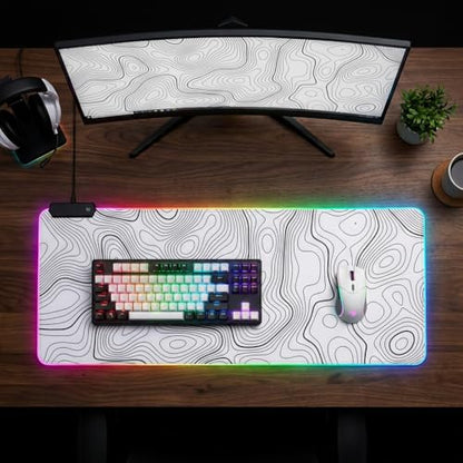 RGB Mouse Pad LED Desk Mat Large Gaming Mousepad White with Black Topographic Line Design, Keyboard Pad XL Mouse Mat for Home and Office(White with Black Topographic Line) - color: White With Black Topographic Line Mousepad With Led Large Mousepad
