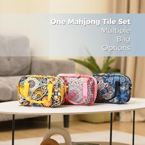 American Mahjong Tile Set with Printed Handbag, 166 Premium Blue Tile and Accessories, Portable and Stylish Mahjong Set, Mahjong Game Set for Travel, Gifts（Blue, No Racks） - color: Blue