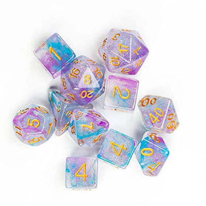 UDIXI 11-Pieces DND Dice Set Iridecent Swirls, Glitter Polyhedral D&D Dice | Purple & Blue Colors, Gold Number, Velvet Dice Bag Packaging, for Dungeons and Dragons Role Playing Games and Tabletop Games - color: 11 Piece Purple Blue Glitter Dice