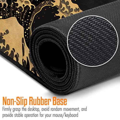 VNDL Large Japanese Black and Gold Gaming Mouse Pad, Sea Waves, Premium Non-Slip Anime Desk Pad for Office, Extended XL XXL Mouse Mat and Laptop Pad, Waterproof and Stiched Edges 31.5 x 15.7 in (wg2) - color: wg2