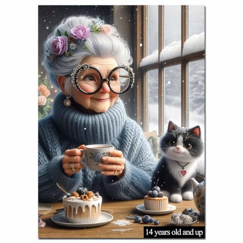 White Haired Old Woman and Cat Jigsaw Puzzle 1000 Piece for Adult Grandma Wearing a Sweater Snow Animal Dessert Challenging for Family or Friend Game 19.7 x 27.6 Inch - color: Old Woman-a22