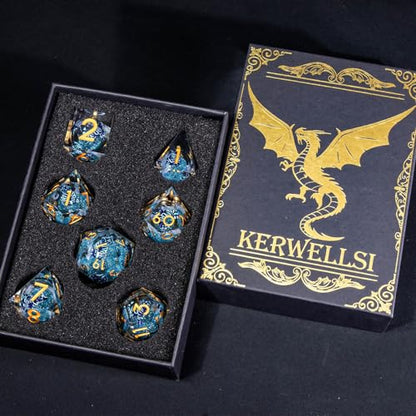 KERWELLSI Cat Liquid Core DND Dice Set with Gift Box, 7Pcs Resin Dungeons Sharp Edge D&D Dice, Dragons D and D Role Playing Dice D20 D12 D10 D8 D6 D4 - color: White and Blue Cat