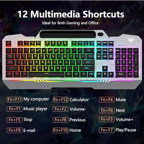 AULA Gaming Keyboard and Mouse,Wired 104-Key Mouse and Keyboard Combo Metal | Full Size Computer Keyboards with Number Pad,New Update Version,RGB Backlit Anti-Ghosting PC Keyboard for Laptop WinXP/7/8/10 - color: Black Keycaps + Silver Panel