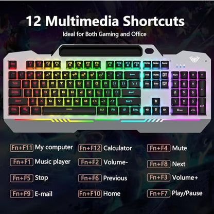 AULA Gaming Keyboard and Mouse,Wired 104-Key Mouse and Keyboard Combo Metal | Full Size Computer Keyboards with Number Pad,New Update Version,RGB Backlit Anti-Ghosting PC Keyboard for Laptop WinXP/7/8/10 - color: Black Keycaps + Silver Panel