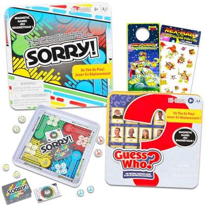 Magnetic Game Travel Set for Kids - Bundle with 2 Travel Games in Tin Featuring Sorry, Guess Who Plus Stickers, More | Hasbro Travel Games for Kids 8-12