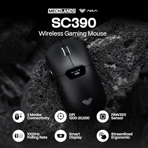 MechLands Aula SC390 Lightweight Gaming Mouse with Display Screen | 2.4G/USB-C/BT Wireless Mouse w/ 400mAh Battery, Adjustable 20,000 DPI, 1000 Polling Rate, PAW3311 Sensor, for Win/Mac (Black) - color: Black