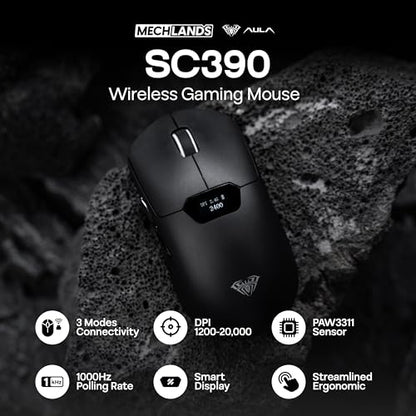 MechLands Aula SC390 Lightweight Gaming Mouse with Display Screen | 2.4G/USB-C/BT Wireless Mouse w/ 400mAh Battery, Adjustable 20,000 DPI, 1000 Polling Rate, PAW3311 Sensor, for Win/Mac (Black) - color: Black