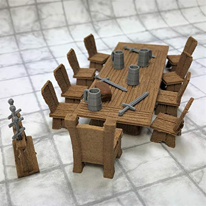 Lords Table Set with Chair, Small Chairs, Sword Rack, Swords, Tankards, and Bread - 28mm Scale Tabletop Terrain for D&D and Fantasy Role Playing Games