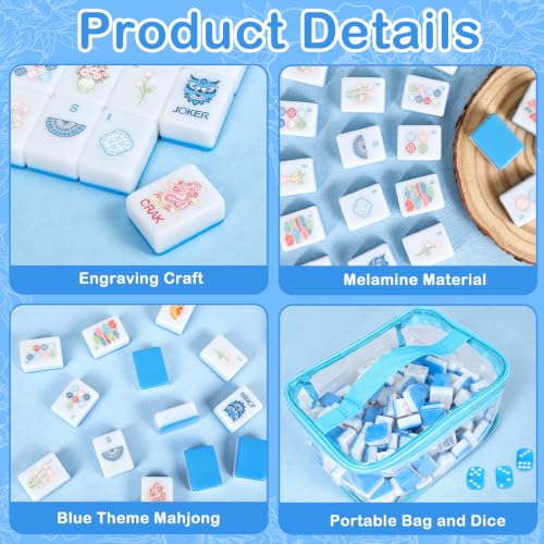 166 American Mahjong Tile Set, 1.2" Mini Blue 3D Engraved Melamine Mahjong Tiles with Storage Bag & Dice, Travel Game for Adults, Friend & Family Game Night, Gifts for Mah-jongg Lovers - color: Blue