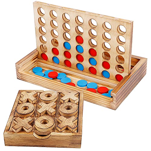 Glintoper Tic Tac Toe & 4 in a Row Tables Game Set, Classic Board Line Up 4 for Living Room Rustic Table Decor and Use as Game Top Wood Guest Room Decor Strategy Board Games for Families - style: Tic Tac Toe & 4 in a Row
