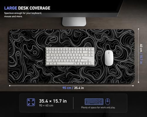 Topographic Gaming Mouse Pad 35.4x15.7 Inch, 0.12 Thickness, Extended Full Desk Mat, Non-Slip Rubber Base, Water Resistant Surface, Black Mousepad for PC Gaming, Office, E-Sports - color: Black Topographic Map