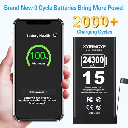 XYIRMCYF 24300mAh Super Capacity Battery Compatible with iPhone 15, 0 Cycle Li-Polymer Replacement Battery for iPhone 15, with Professional Repair Tool Kit - color: 15-24300