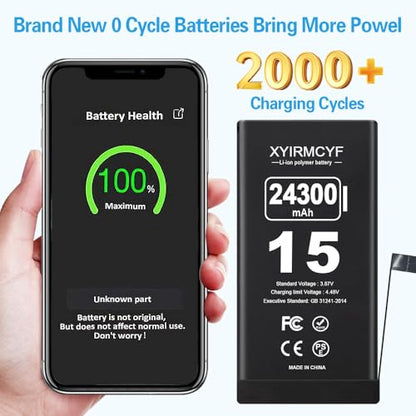 XYIRMCYF 24300mAh Super Capacity Battery Compatible with iPhone 15, 0 Cycle Li-Polymer Replacement Battery for iPhone 15, with Professional Repair Tool Kit - color: 15-24300