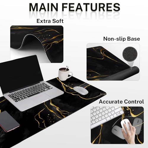 Britimes Black Gold Marble Keyboard Mouse Pad Set 4in1 Large Mousepad+Keyboard Wrist Rest+Mouse Wrist Rest+Coaster Ergonomic Design for Home Office Computer 35.4x15.7 inches - color: Black Gold Marble