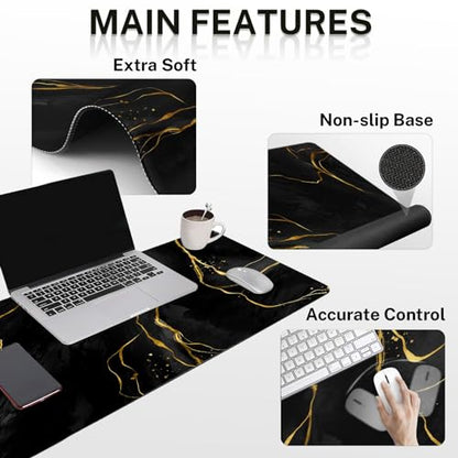 Britimes Black Gold Marble Keyboard Mouse Pad Set 4in1 Large Mousepad+Keyboard Wrist Rest+Mouse Wrist Rest+Coaster Ergonomic Design for Home Office Computer 35.4x15.7 inches - color: Black Gold Marble