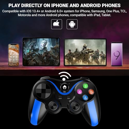 arVin Bluetooth Gamepad Controller for iPhone & Android with Phone Holder, 360 Joystick, 18 Hours Playtime - color: Blue