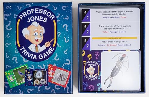 Trivia Game by Professor Jones – 450 Questions with Easy, Medium & Hard Levels, Photo Challenge Cards, Family Trivia Game for Adults & Teens, Party & Game Night Trivia Cards