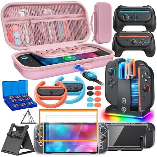Switch 2 Accessories, Case Bundle for Nintendo Switch 2 2025 Console | [Charge Inside]FYOUNG 23 IN 1 Kit:Carrying Case,Controller Charger,Protective Shell,Grip for Joycon, Steering Wheel -Pink - color: Pink