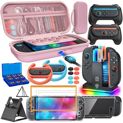 Switch 2 Accessories, Case Bundle for Nintendo Switch 2 2025 Console | [Charge Inside]FYOUNG 23 IN 1 Kit:Carrying Case,Controller Charger,Protective Shell,Grip for Joycon, Steering Wheel -Pink - color: Pink
