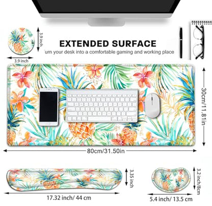 Large Gaming Mouse Pad+ Keyboard Wrist Rest Set, Ergonomics Memory Foam Mouse Mat Wrist Rest Support for Home Office, Waterproof Extended Mousepad 31.5x11.8in, Pineapple Leaf White Desk Pad - color: Yvb-mousepad-9-f-155