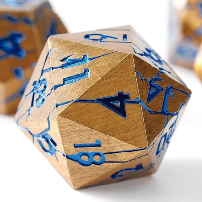 Metal Dice for DND - Ancient Cracked Pharaoh Ruins - Gold Blue Cracks | Beautiful 7pc Polyhedral Dice Set, Smooth Rolling, Role Playing Games (RPG), Compatible with D&D, for Dungeons and Dragons - color: Gold and Blue Cracks