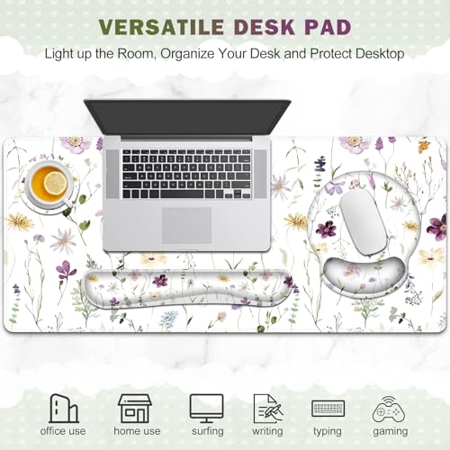 Gaming Mouse Pad, Large Desk Mat Cute Desk Pad Protector, 4in1 XXL Mousepad | + Keyboard Wrist Rest+Mouse Wrist Rest+Coaster Set with Ergonomic Desk Pad for Home Office Computer, Purple Flower Plants - color: Purple Flower Plants